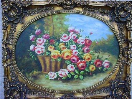 Schilderij olieverf stilleven  bloemenmand 145x118cm met Ovaal lijst