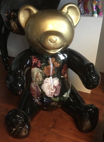 Teddy beer XXL kunsthars hoogglans zwart Flower design  