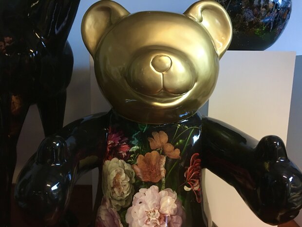 Teddy beer XXL kunsthars hoogglans zwart Flower design  