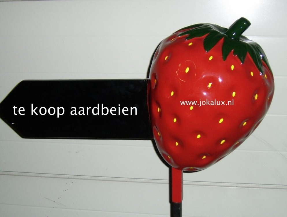 Aardbei met pijl aanwijs bord stoep reclame