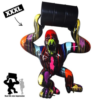 gorilla -XXXL-donkey-kong-kunst beeld zwart met dripping design en metalen ton XXXL