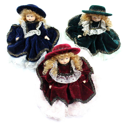 set 3 stuks porseleinen pop Sandy vol body porselein rood -blauw en groen velours